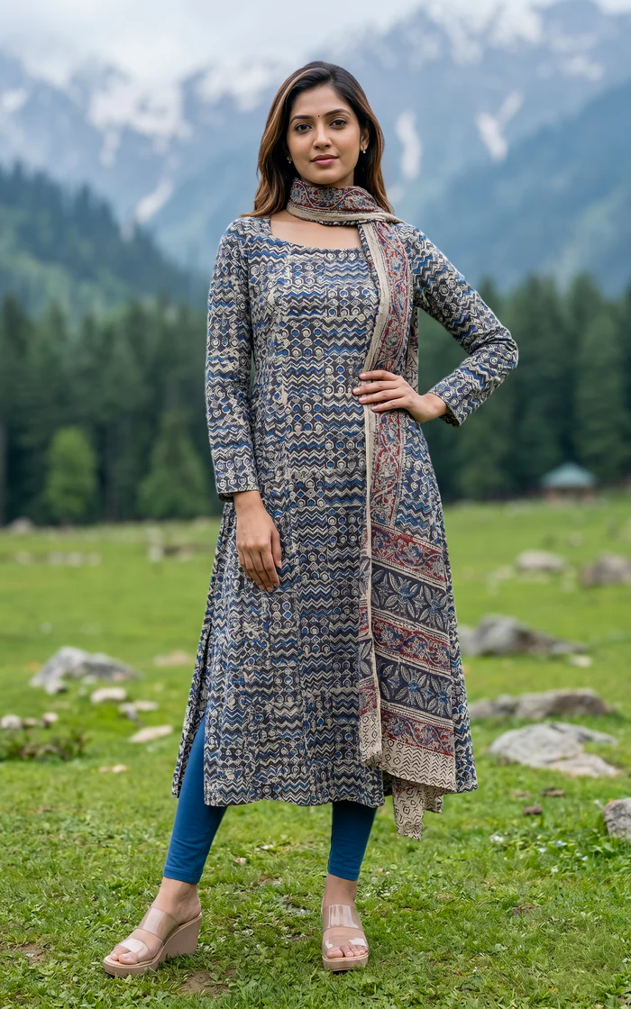 Kalamkari Cotton Block Printed Salwar set - Slate Blue